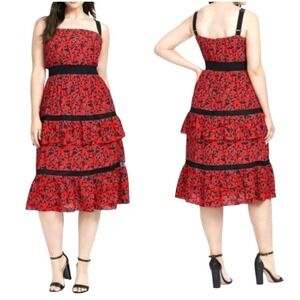 Adelyn Rae Dress Women XS Red Floral Tiered Ruffle Isabel Midi Boho Party Summer
